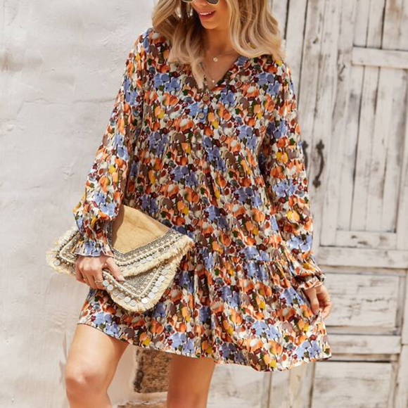 Boho Blue Orange Floral Print Ruffle Mini Dress - Picture 4 of 5